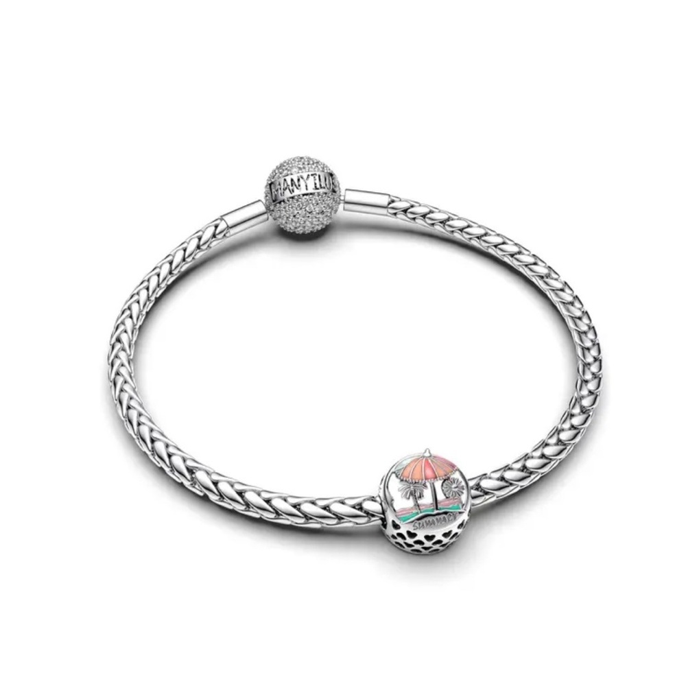 925 Sterling Silver Charm w/“Summer”engraved Under the Palm Tree & Umbrella - Picture 6 of 10